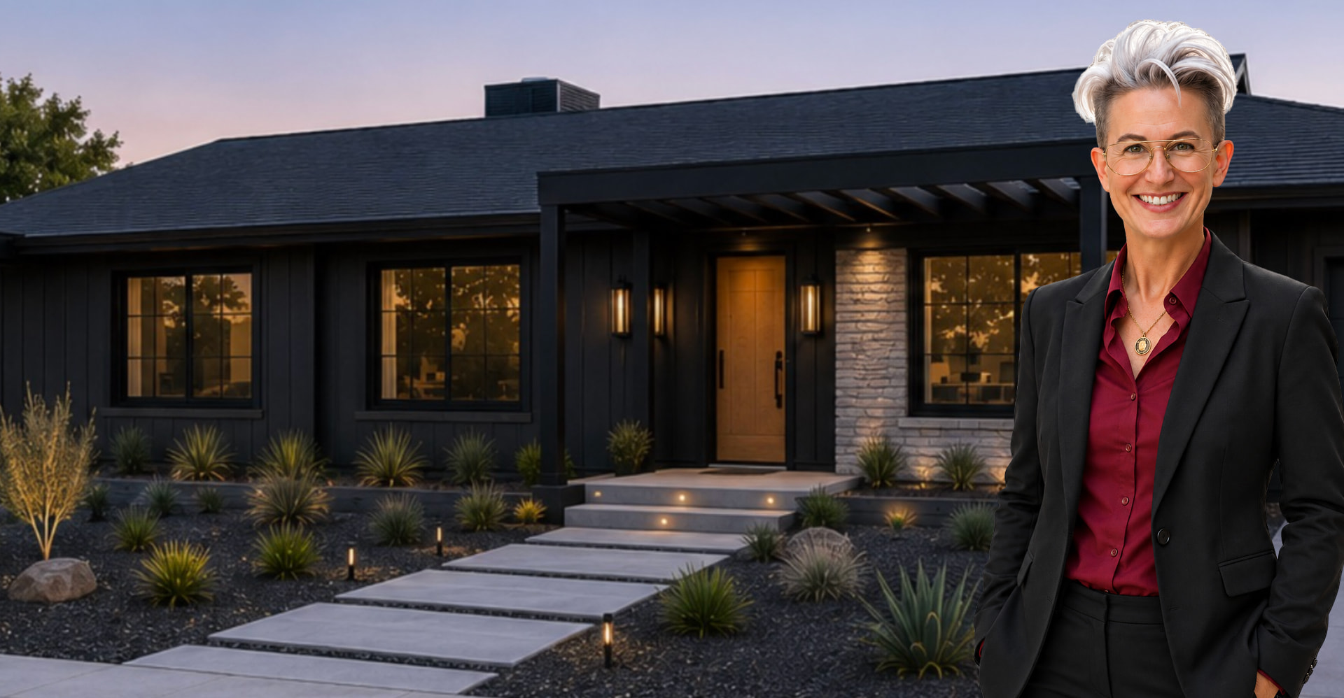Modern ranch home entryway at dusk