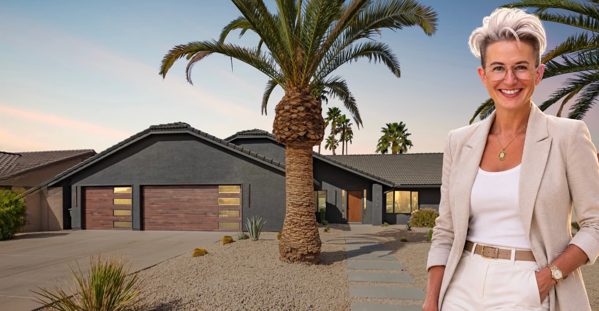 Modern suburban home with palm tree